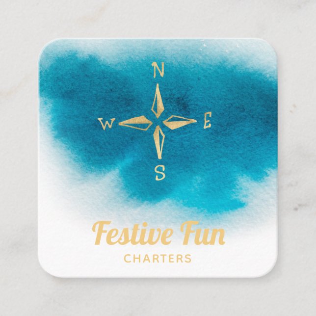 Cartão De Visita Quadrado *~* Ouro Compass Beach Ocean White Teal Sea (Frente)