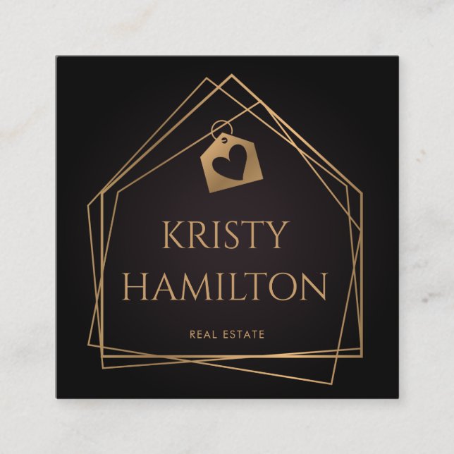 Cartão De Visita Quadrado ouro imobiliário para imóveis (Frente)