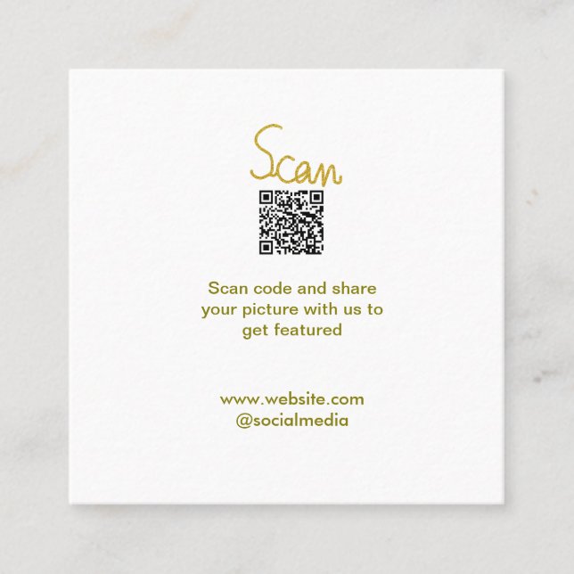 Cartão De Visita Quadrado Ouro Scan QR code glitter elegante calligr simples (Frente)