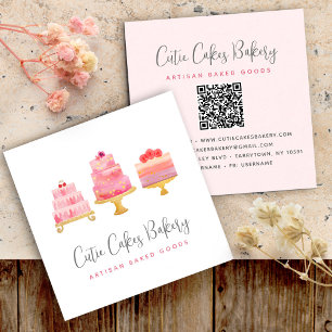 Cartão De Visita Quadrado Padaria 3 Bolos Rosa Cor-de-Rosa Código QR Confeit