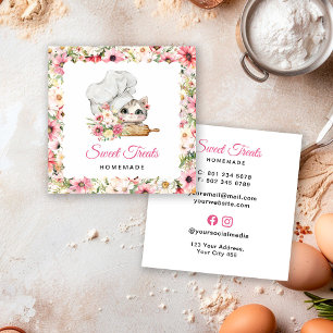 Cartão De Visita Quadrado Padaria Chef Kitten Rosa