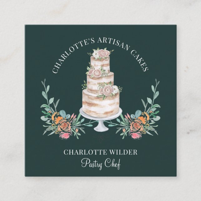 Cartão De Visita Quadrado Padaria Pastelaria Chef Aquarela Floral Negro (Frente)