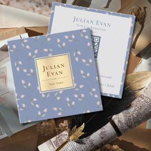 Cartão De Visita Quadrado Padrão de Flor Azul Dourado Vintage