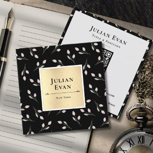 Cartão De Visita Quadrado Padrão de Flor Dourada e Preto de Luxo