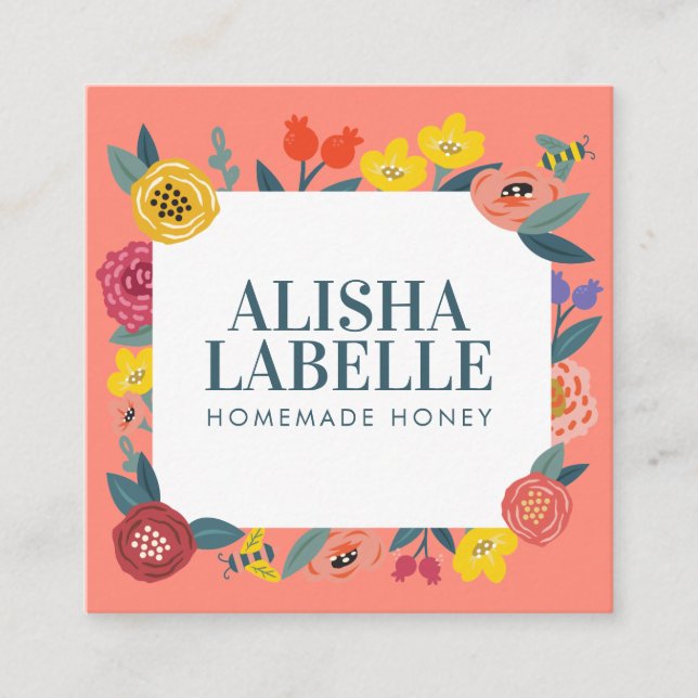 Cartão De Visita Quadrado Padrão de Folhagem e Abelhas de Abstrato selvagem (Frente)