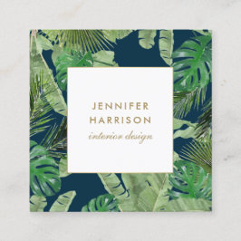 Cartão De Visita Quadrado Padrão de Folhas Tropicais de Aquarela em Azul Esc