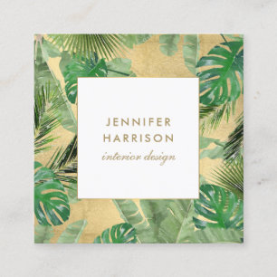 Cartão De Visita Quadrado Padrão de Folhas Tropicais de Aquarela em Faux Do