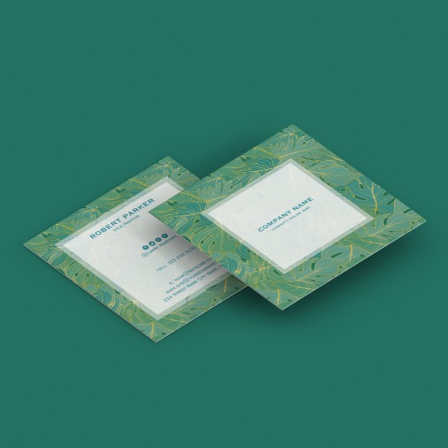 Cartão De Visita Quadrado Padrão de folhas verdes e douradas de luxo (Criador carregado)