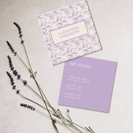 Cartão De Visita Quadrado Padrão de Folhas Violetas Mínimas