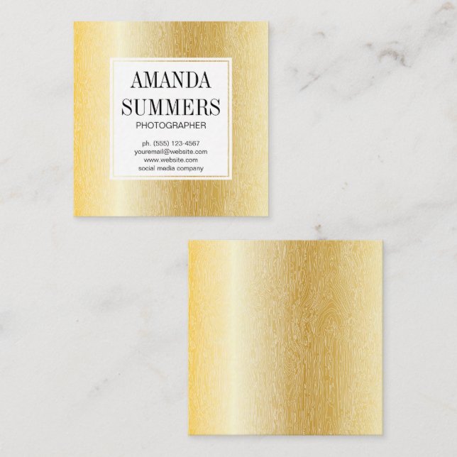 Cartão De Visita Quadrado Padrão de grão de madeira | Metálico Dourado (Frente/Verso)