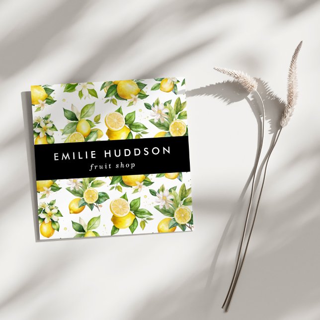 Cartão De Visita Quadrado Padrão de limão, Flores de limão, Citros, Compro d (Criador carregado)