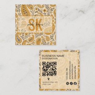 Cartão De Visita Quadrado Padrão de paisley moderno com monograma Código Qr