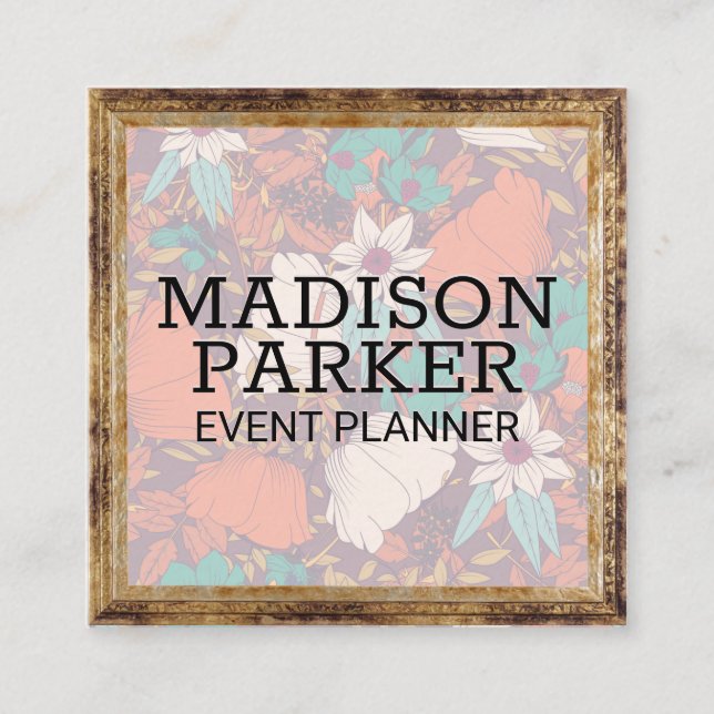 Cartão De Visita Quadrado Padrão Decorativo da Flor | Quadro antigo (Frente)