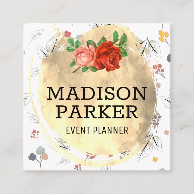 Cartão De Visita Quadrado Padrão Dourado de Flor Sem Costura (Frente)