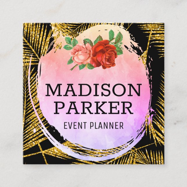 Cartão De Visita Quadrado Padrão Dourado de Folha de Palma Bruta (Frente)