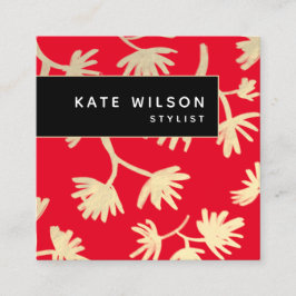 Cartão De Visita Quadrado Padrão Floral Artístico Dourado Vermelho Negrito