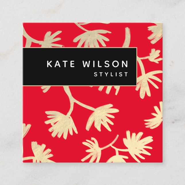 Cartão De Visita Quadrado Padrão Floral Artístico Dourado Vermelho Negrito (Frente)