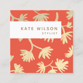 Cartão De Visita Quadrado Padrão Floral Dourado na moda Orange