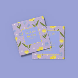 Cartão De Visita Quadrado Padrão Floral Elegante - Flores Amarelas e Azuis,