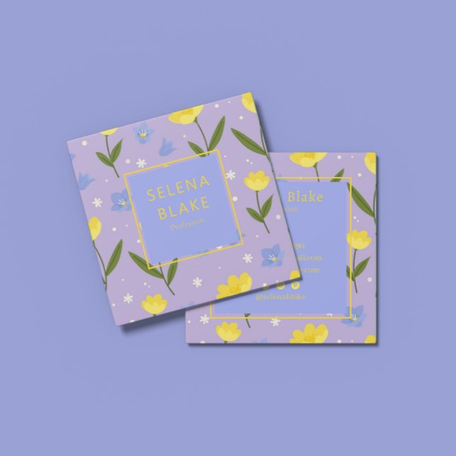 Cartão De Visita Quadrado Padrão Floral Elegante - Flores Amarelas e Azuis, (Criador carregado)