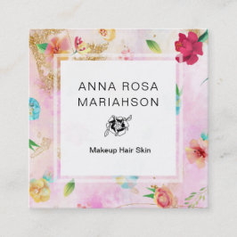 Cartão De Visita Quadrado *~* Padrão Floral moderno Dourado Brilho Rosa