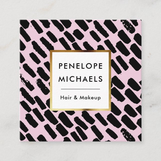 Cartão De Visita Quadrado Padrão Preto e Rosa com Quadro (Frente)