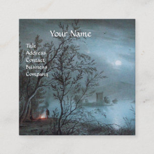 CARTÃO DE VISITA QUADRADO PAISAGEM ROMÂNTICA DE NOTURNA EM PÉ AZUL