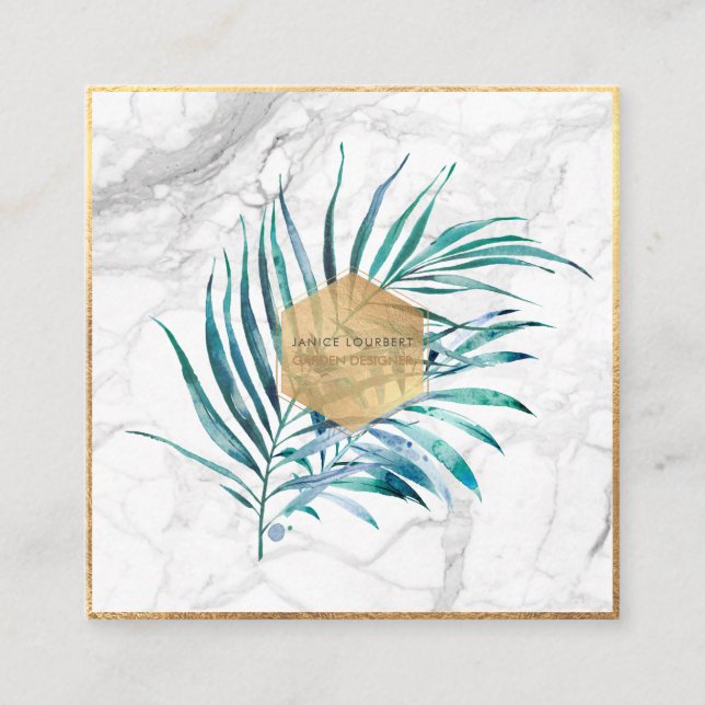 Cartão De Visita Quadrado PALM FRONDS PixDezines, FAUX DOURADO+MARBLE (Frente)