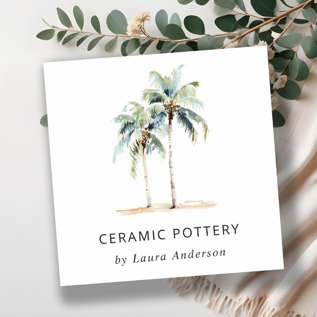 Cartão De Visita Quadrado Palmeiras costeiras tropicais Palmeiras Aquarela A (Criador carregado)