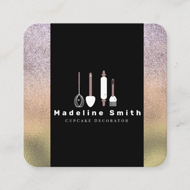 Cartão De Visita Quadrado Panificação Utensls Baker Pin Spatula Dourada Spar (Frente)
