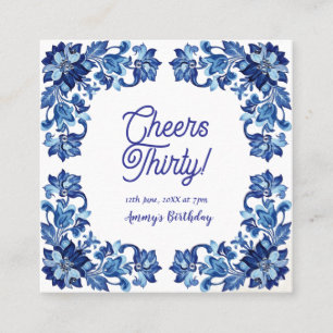 Cartão De Visita Quadrado Parabéns trinta aniversário azul real floral borda