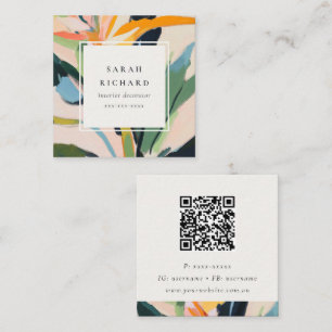 Cartão De Visita Quadrado Pássaro Colorido do Paraíso Código QR Floral Pinta