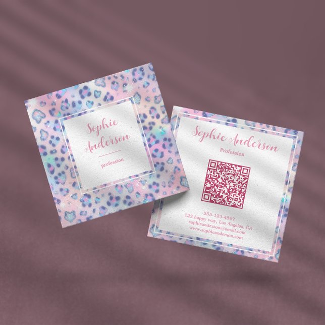 Cartão De Visita Quadrado Pastel Glitter Leopard Print with Qr Code (Criador carregado)