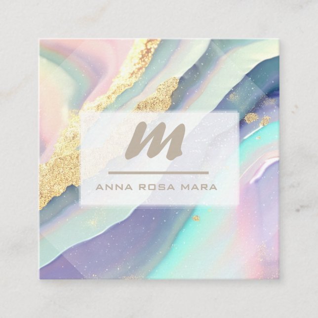 Cartão De Visita Quadrado *~* PASTEL Marble Rainbow QR Luxe AP66 inicial (Frente)