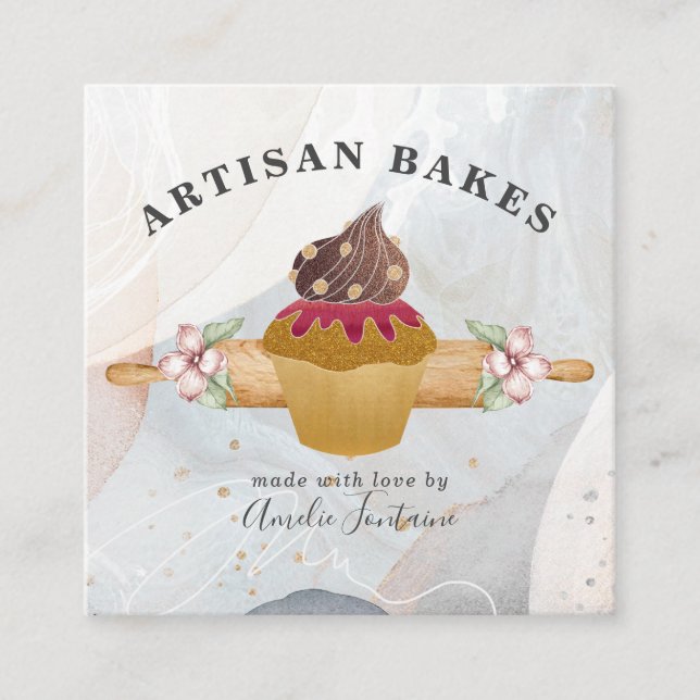 Cartão De Visita Quadrado Pastelaria de Cupcake de Aquarela (Frente)
