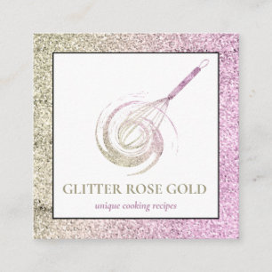 Cartão De Visita Quadrado Pastelaria de rosa Dourado Sparkle Whisk Glitter