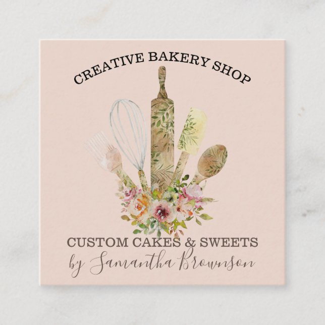 Cartão De Visita Quadrado Pastelaria, pastelaria, Utensls, uísque de madeira (Frente)