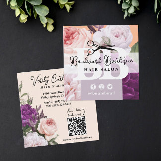 Cartão De Visita Quadrado Peach Floral Hair Salon Stylist Código QR