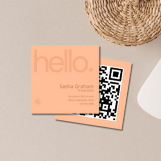 Cartão De Visita Quadrado Peach fuzz Coral Pink Retro Hello Código QR