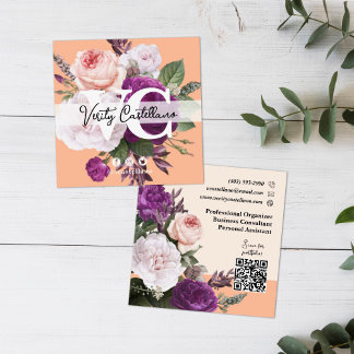 Cartão De Visita Quadrado Peach Fuzz Vintage Rosas Floral Simples Pessoal