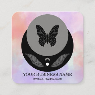 Cartão De Visita Quadrado Pena de Lua Mágica Mariposa Universo Boho