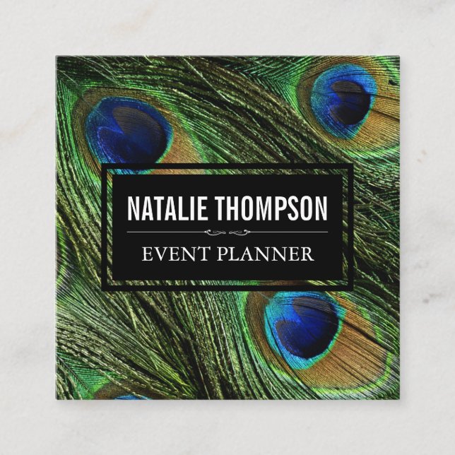 Cartão De Visita Quadrado Penas de Peacock (Frente)