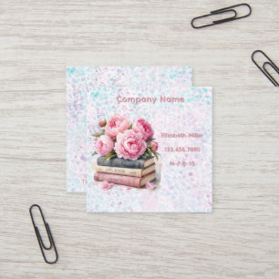 Cartão De Visita Quadrado Peônias Cor-de-Rosa & Livros Novo Capítulo