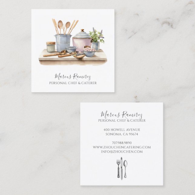 Cartão De Visita Quadrado Personal Chef Kitchen Utensils  (Frente/Verso)