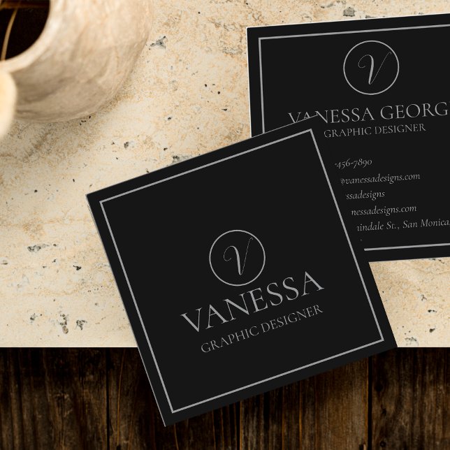 Cartão De Visita Quadrado Personalizado do Monograma Moderno Negro-Elegante (Elegant Cute Black Modern Monogram Custom Square Business Card)