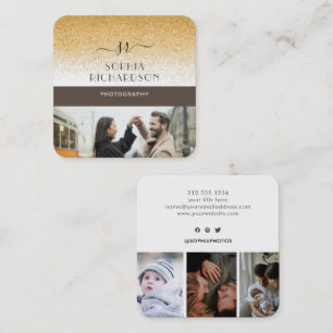 Cartão De Visita Quadrado Personalizar 4 Fotos Douradas Monograma com Largur