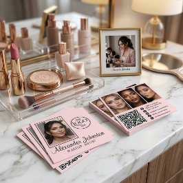 Cartão De Visita Quadrado Personalize Foto de Maquiagem com Roteiro Rosa Bra