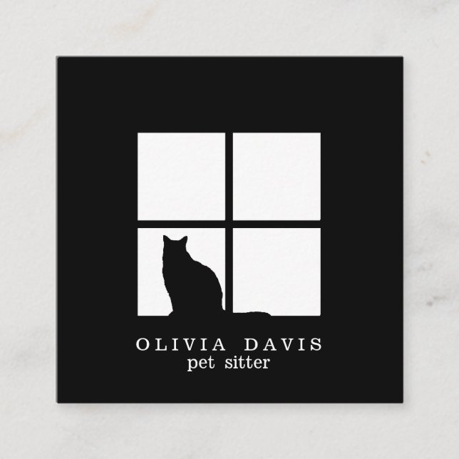 Cartão De Visita Quadrado Pet Sitting Groomer Service Modern Black and White (Frente)