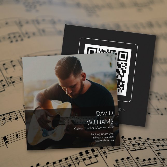 Cartão De Visita Quadrado Photo Music Teacher Singer Songwriter QR Code (Photo Music Teacher Singer Songwriter QR Code Square Business Card)
