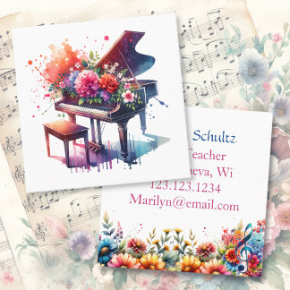 Cartão De Visita Quadrado Piano de Aquarela e Flores Personalizadas Professo